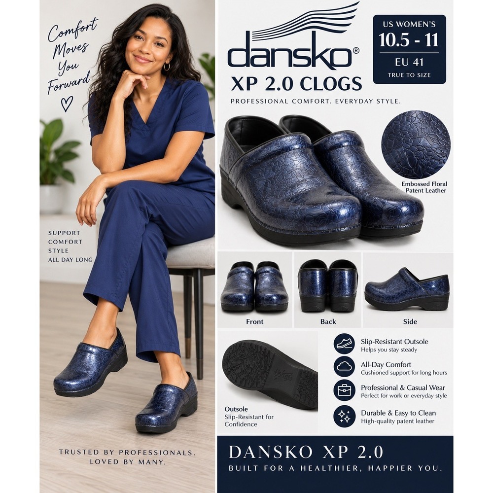 Dansko XP 2.0 Women's Clogs Blue Floral Patent Leather Slip On Size US 10.5-11